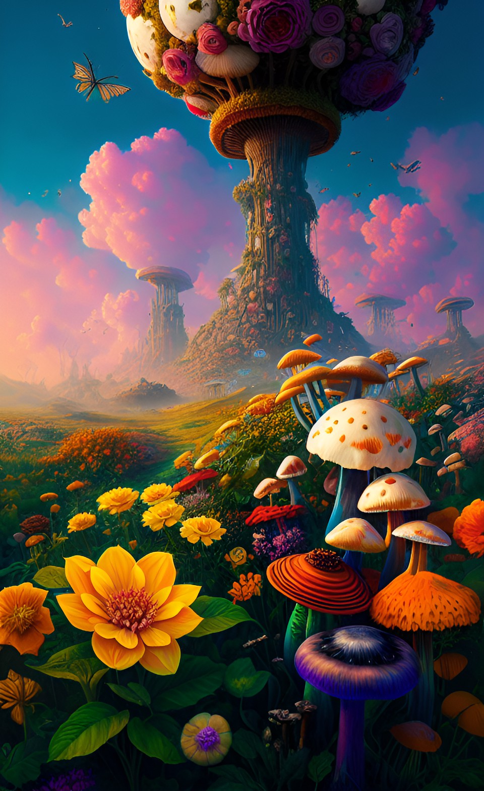 the wasteland filled with giant flowers and mushrooms, au naturel, hyper detailed, digital art, trending in artstation, cinematic lighting, studio quality, smooth render, unreal engine 5 rendered preview