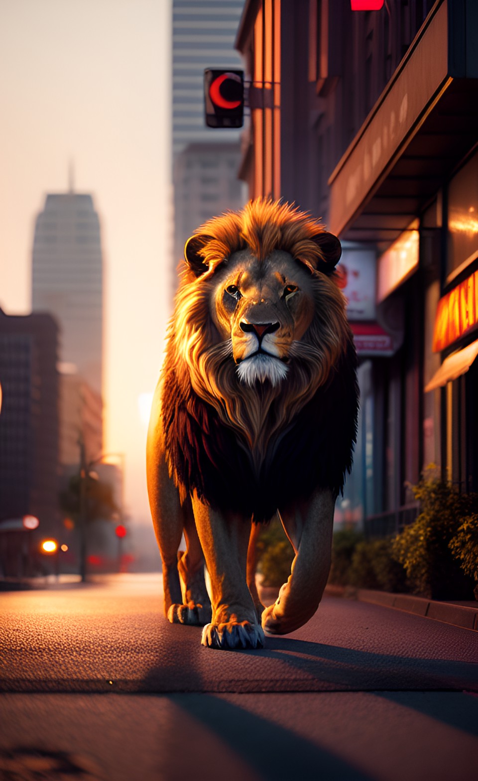 gangster lion roaming the streets at sunset 8k high definition preview