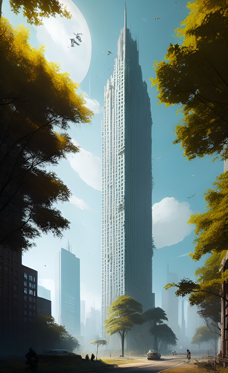 Dead decade - dystopian tall building reclaimed by trees on bright sunny day preview