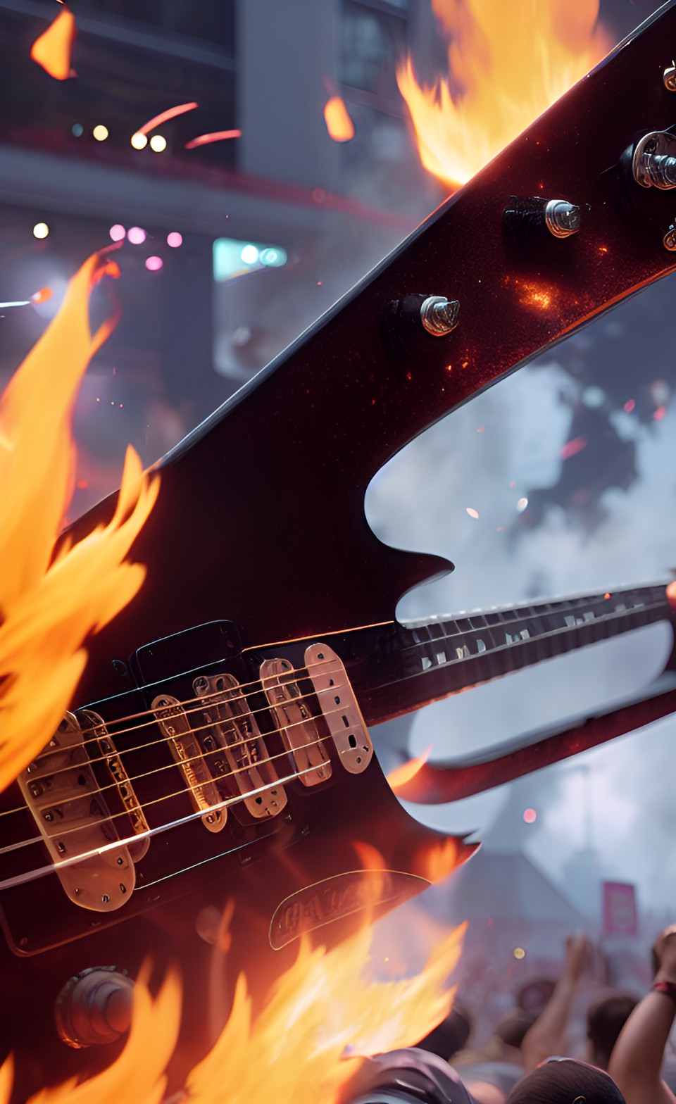 damaged guitar on fire with a large crowd gathered around preview