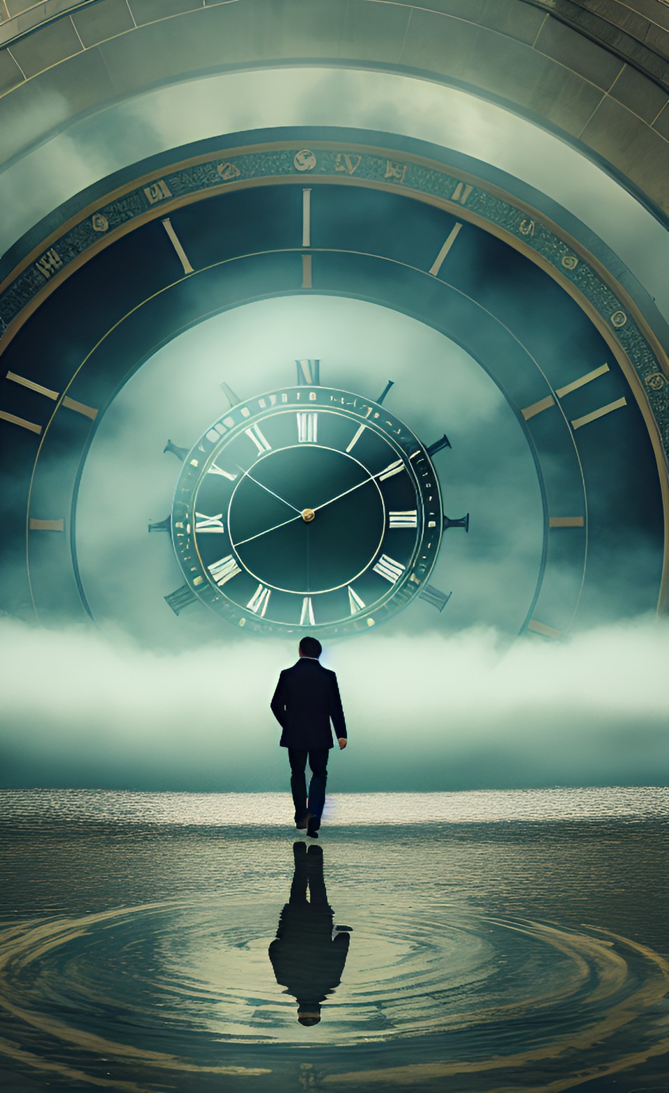 man walking through clock face water smoke and earth swirling around preview