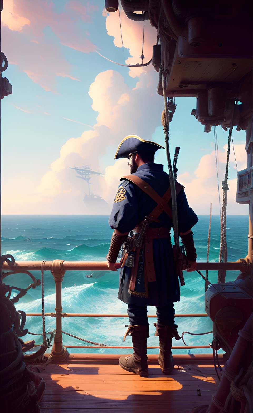 pirate looking out to the ocean on his ship preview