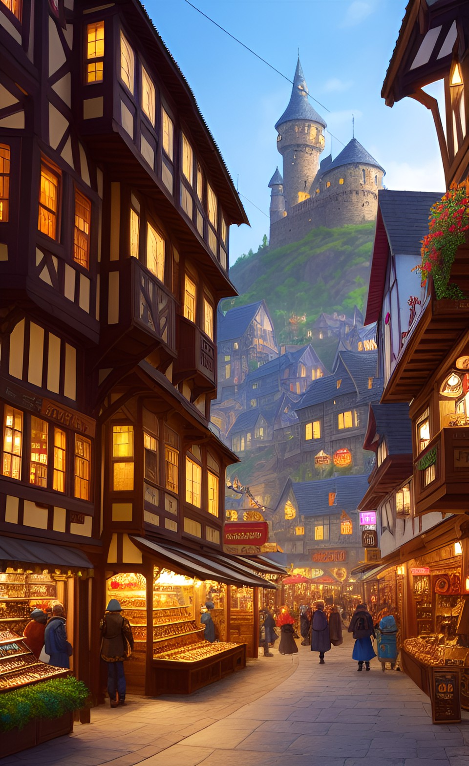 Evening Shopping - an open market street view in fantasy medieval town, two-storey low-rise houses, rpg setting, tavern, magic shop, blacksmith, crowd, adventurers, street vendors, evening preview