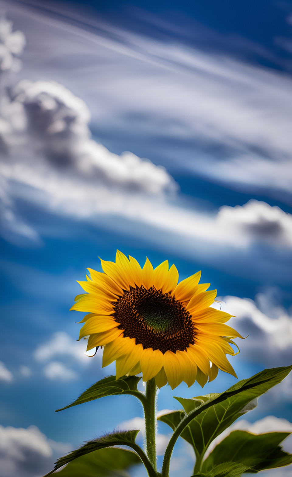 a single sunflower, sky in background, windy preview