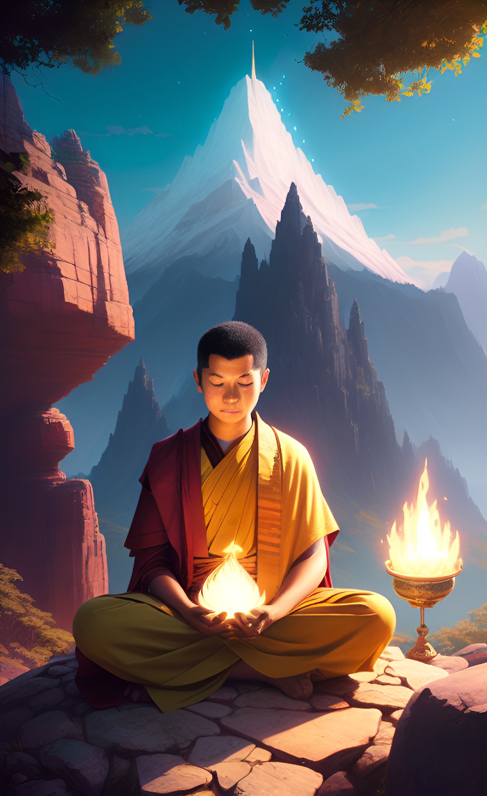 buddhist releases magical power while sitting in front of a mountain preview