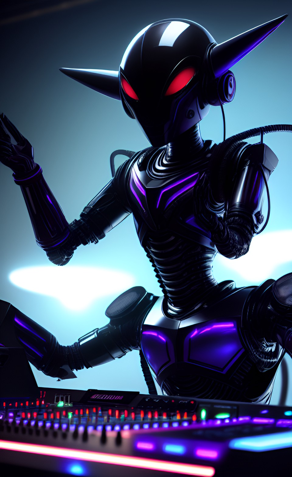 dark creepy android alien, 4k rendering, playing a dj console preview