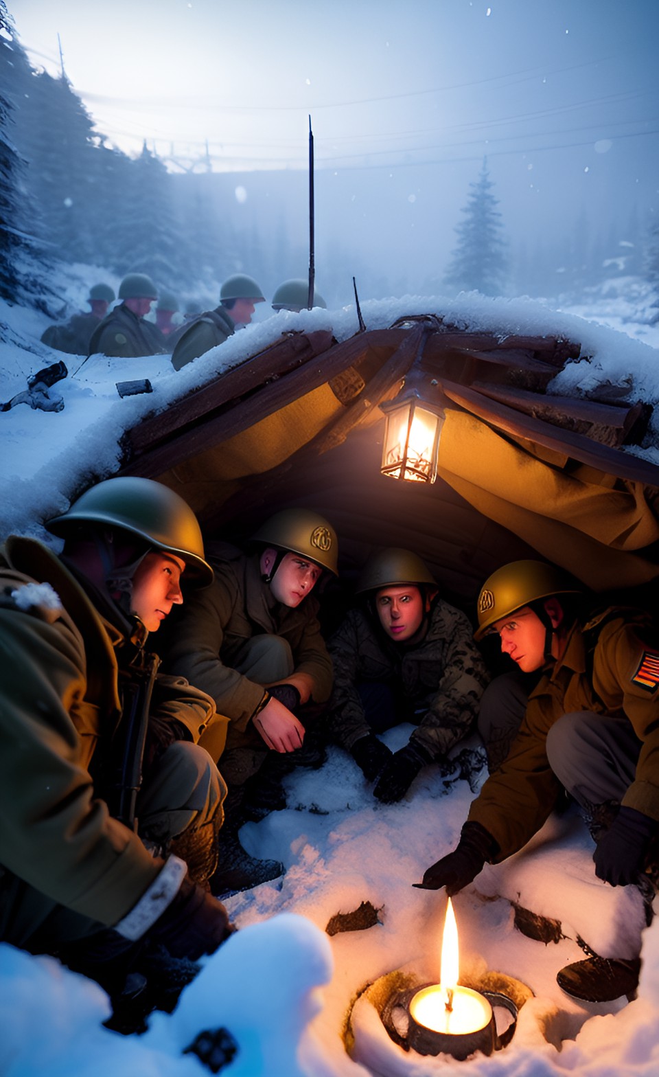 Entrenched - 2 world war 2 soldiers huddling in a trench during winter, night, candle light, snow, war preview