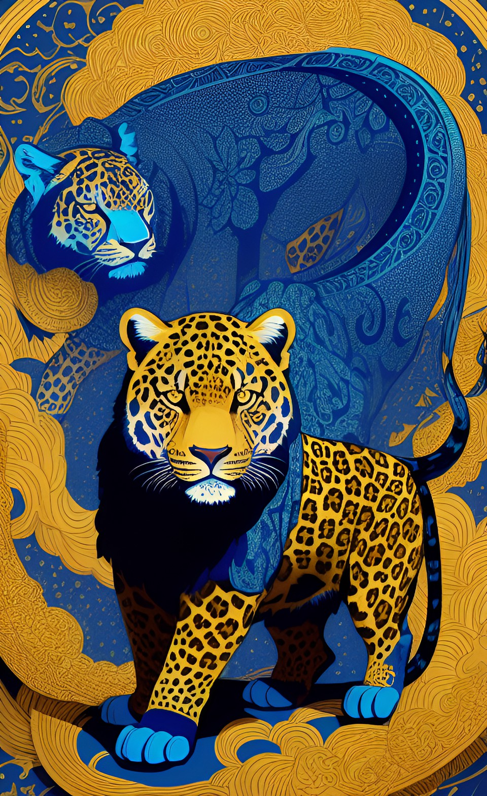 Jaguars - stylized ornamental golden jaguar with deep blue indigo background preview