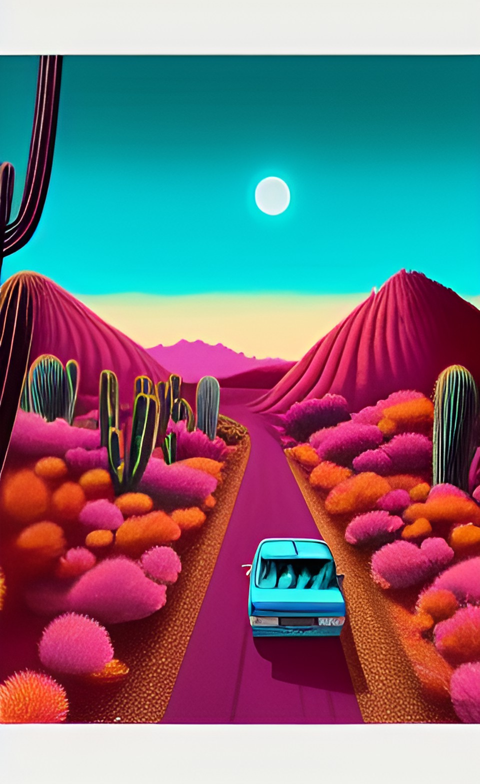 several colorful cacti with blue and turquoise colors, in the desert that has sand and earth and scarlet red and burgundy hills, glitter everywhere, there is a road on the side with a black vintage ca preview