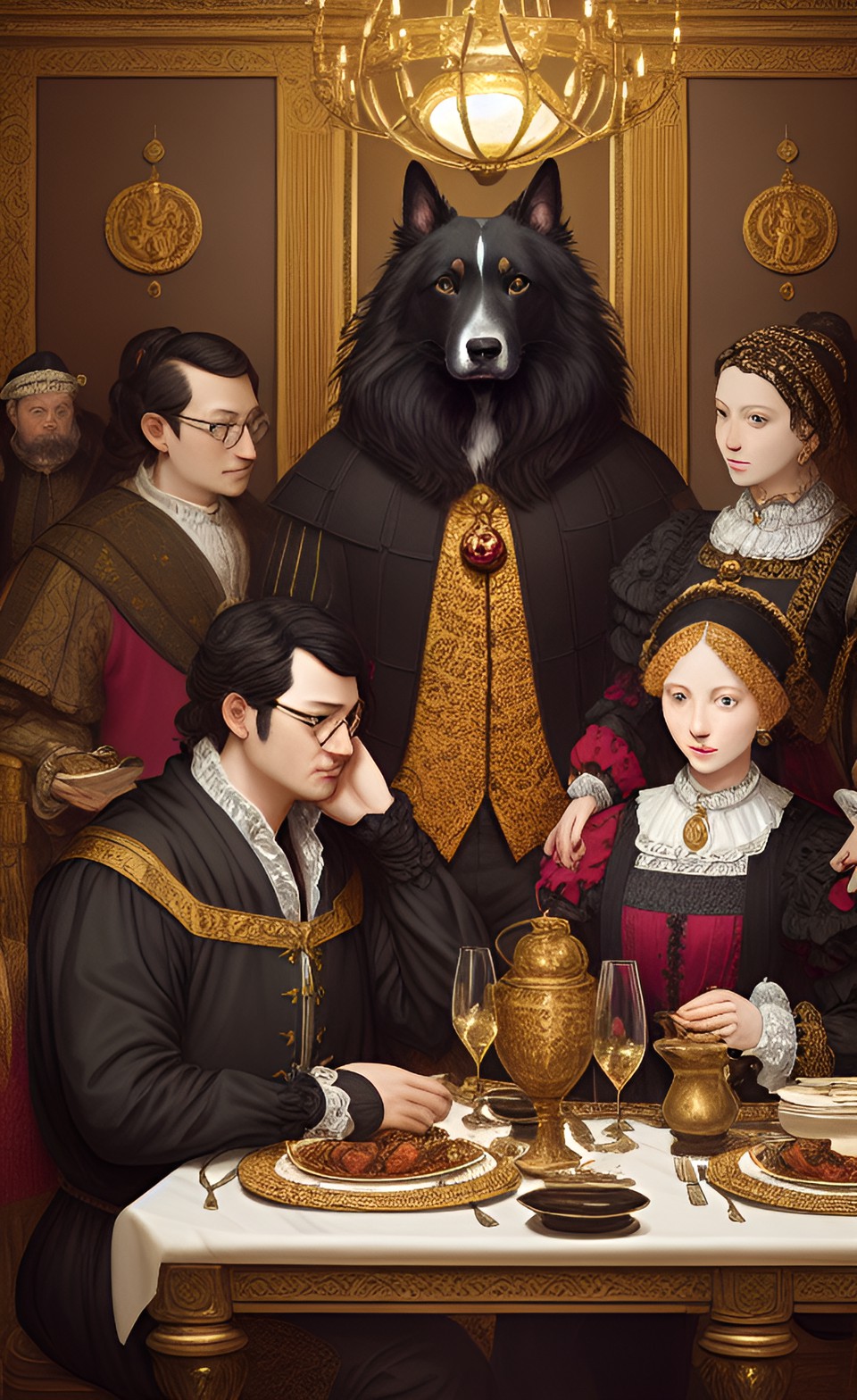 black dog  in renaissance era costumes and ornaments are sitting at an oak dinner table, baroque style, renaissance artists style, realism, hyperdetailed portrait, italian renaissance portrait style, preview