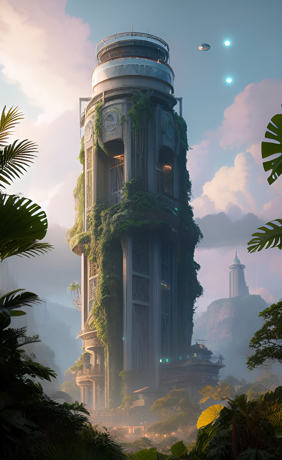 Tower GX41 - overgrown tropical westworld hidden control tower outside city clouds hiding ghost orbs glowing at night peripheral mountain city elves preview