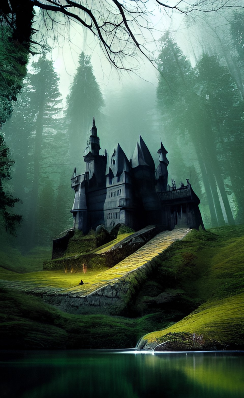 a black stone castle in the middle of a dark forest preview