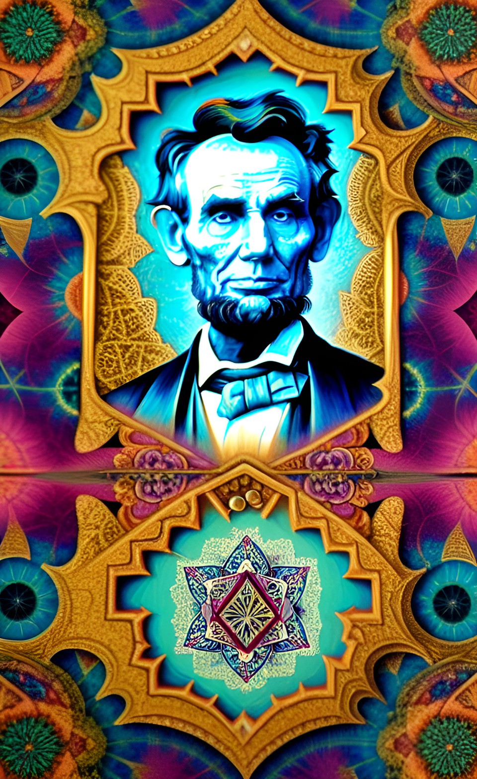 Not What I Meant - a five dollar bill with lincoln replaced by a fractal all-seeing eye. preview