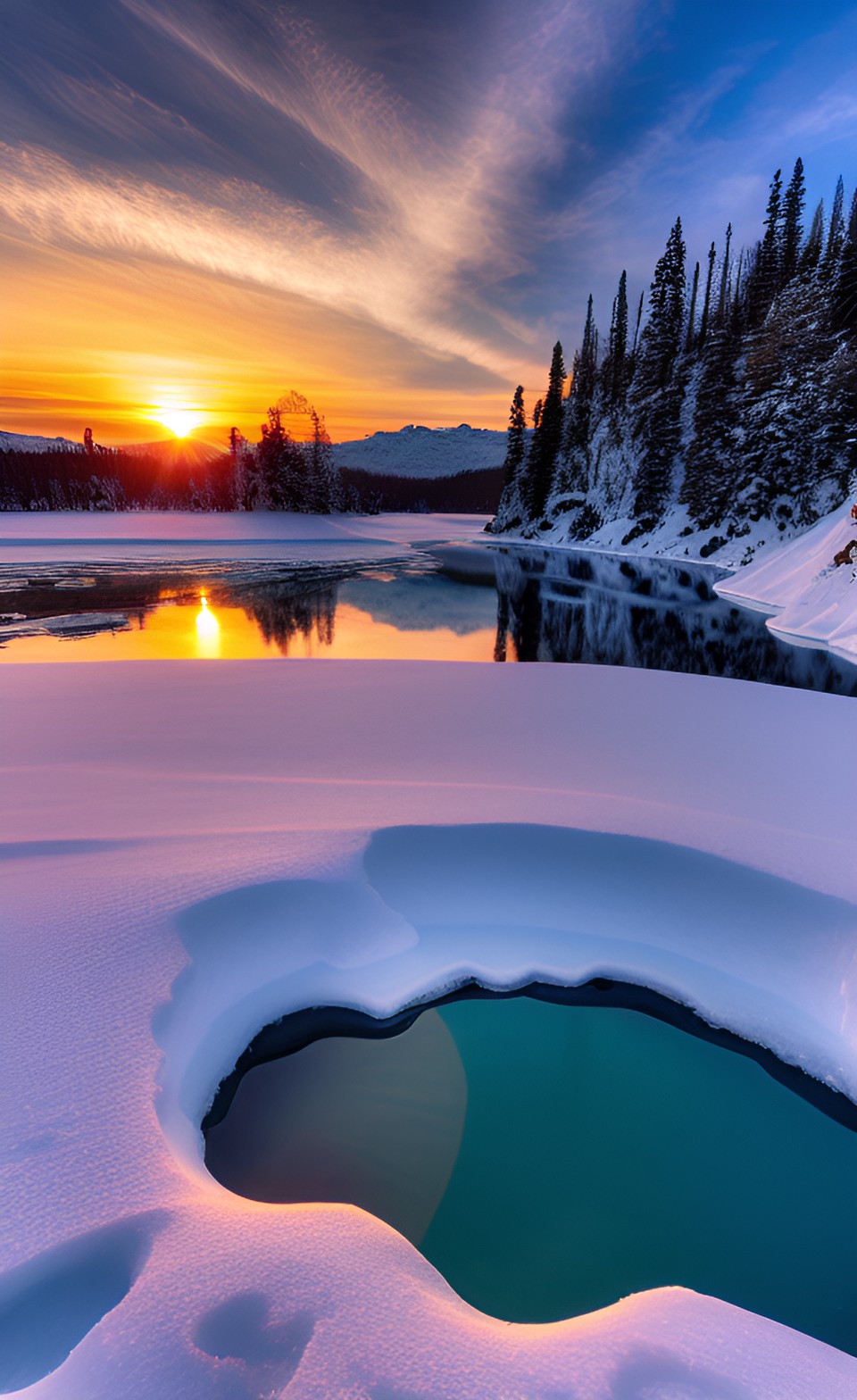 sunset above frozen lake preview