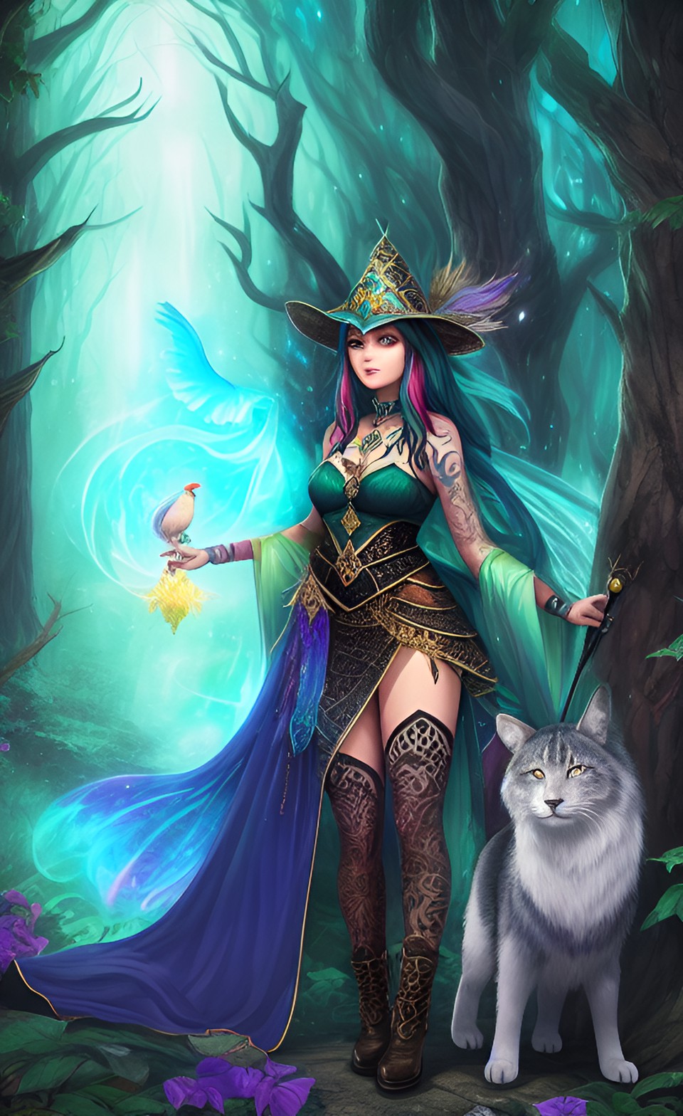 a mystical forest with a sorceress and her spirit animal. with some nice tattoos preview