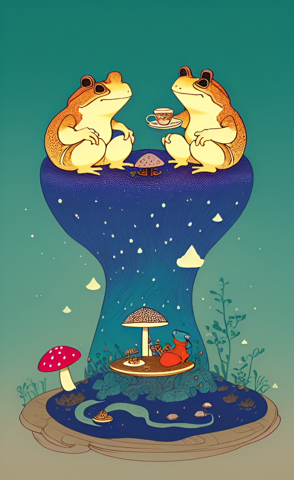 two toads sipping tea sitting on mushroom preview