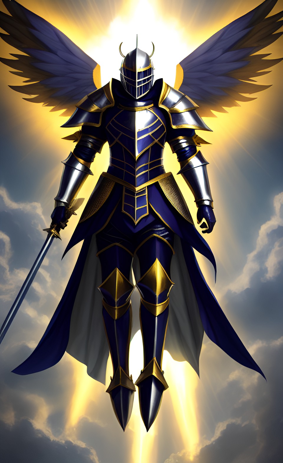 light of night - holy knight,wearing a fantasty holy armor,have a suit of wings,flying in the air,tall, dramatic lighting, dramatic effects preview