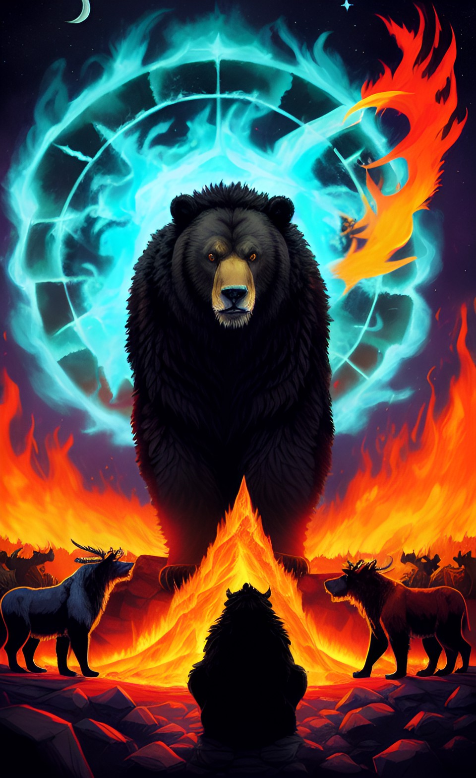 a demonic angry shaggy black diseased grizzly bear as king of the kingdom in a temple full of fire and ice doing a ritual with other lions and goats and bears and hogs on men performing a satanic rit preview