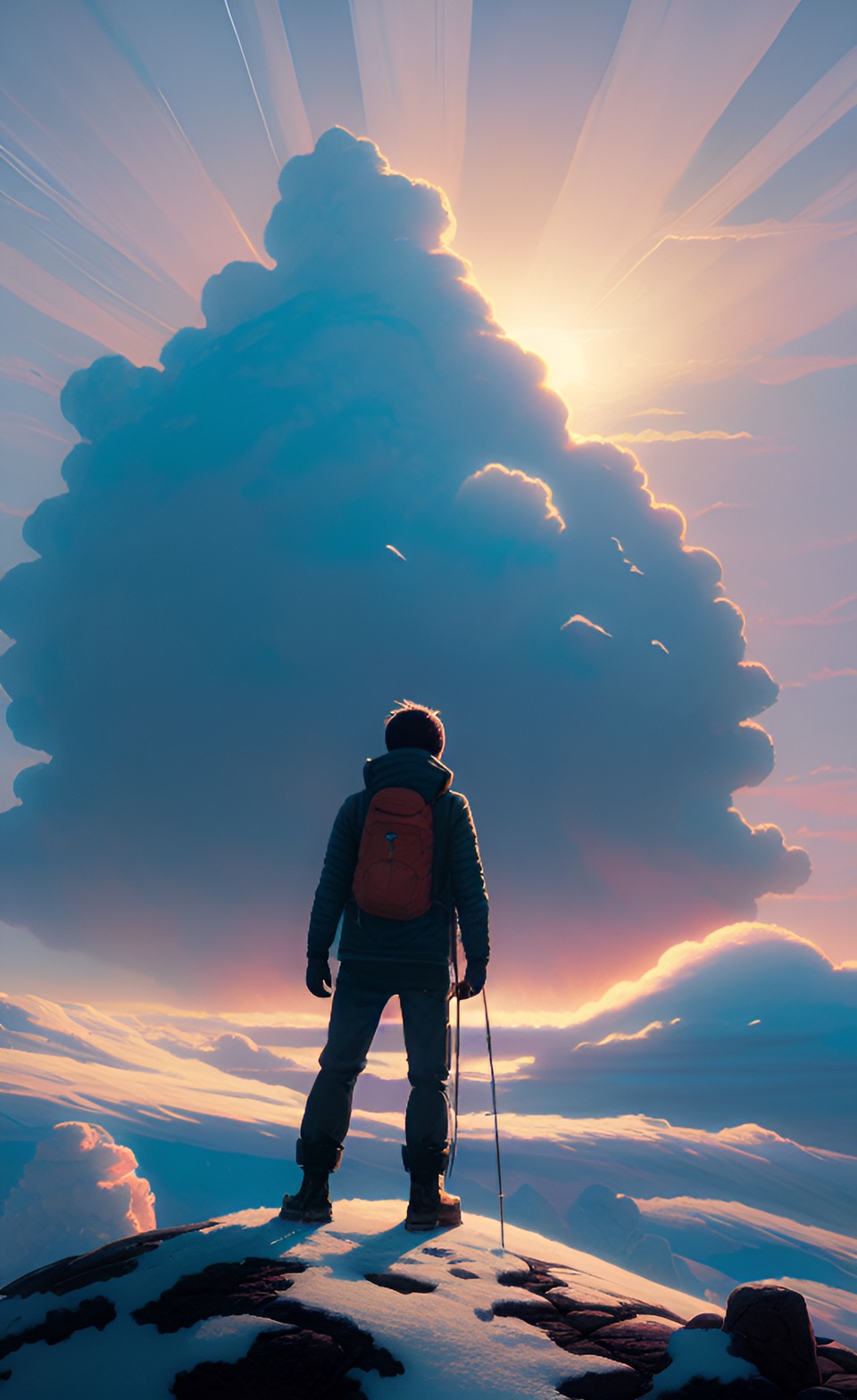 standing atop a snow-capped mountain, surrounded by a sea of clouds, with the sun rising in the distance. preview