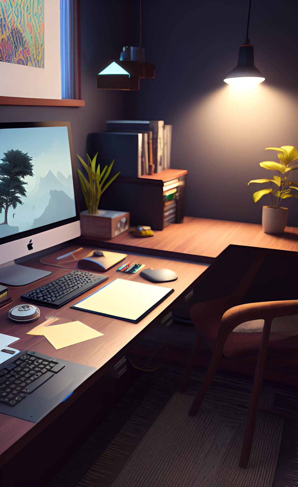 illustration, creative workspace, desk, dark wood, pc, camera, drawing pad, multimedia, preview