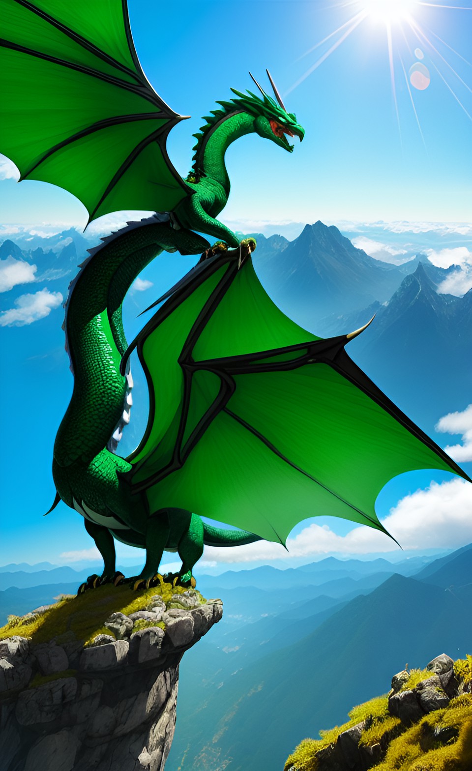 Winged Rayquaza - a majestic, emerald green dragon perched on a mountaintop, scales gleaming in the sunlight, wings outstretched and ready to take flight, 8k quality, hd preview