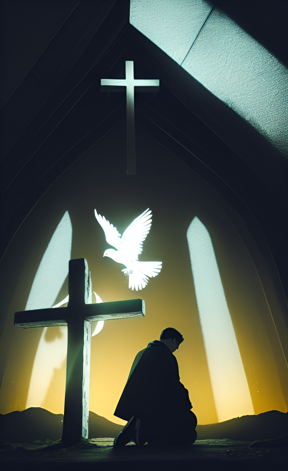 image of a person kneeling in front of a cross, with complete darkness behind them and brightness in front of them. above the person, there should be a white pigeon in the form of the holy spirit preview