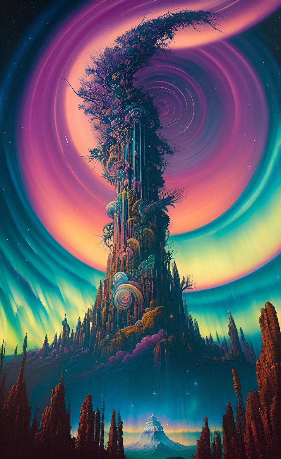 tall spiraling citadel reaching into the aurora borealis, night preview