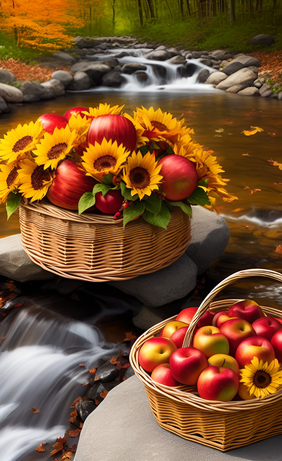 a basketful - a rustic wicker basket overflowing with colorful autumn leaves, shiny red apples, and golden sunflowers, sitting on a sun-dappled wooden picnic table beside a sparkling stream." preview
