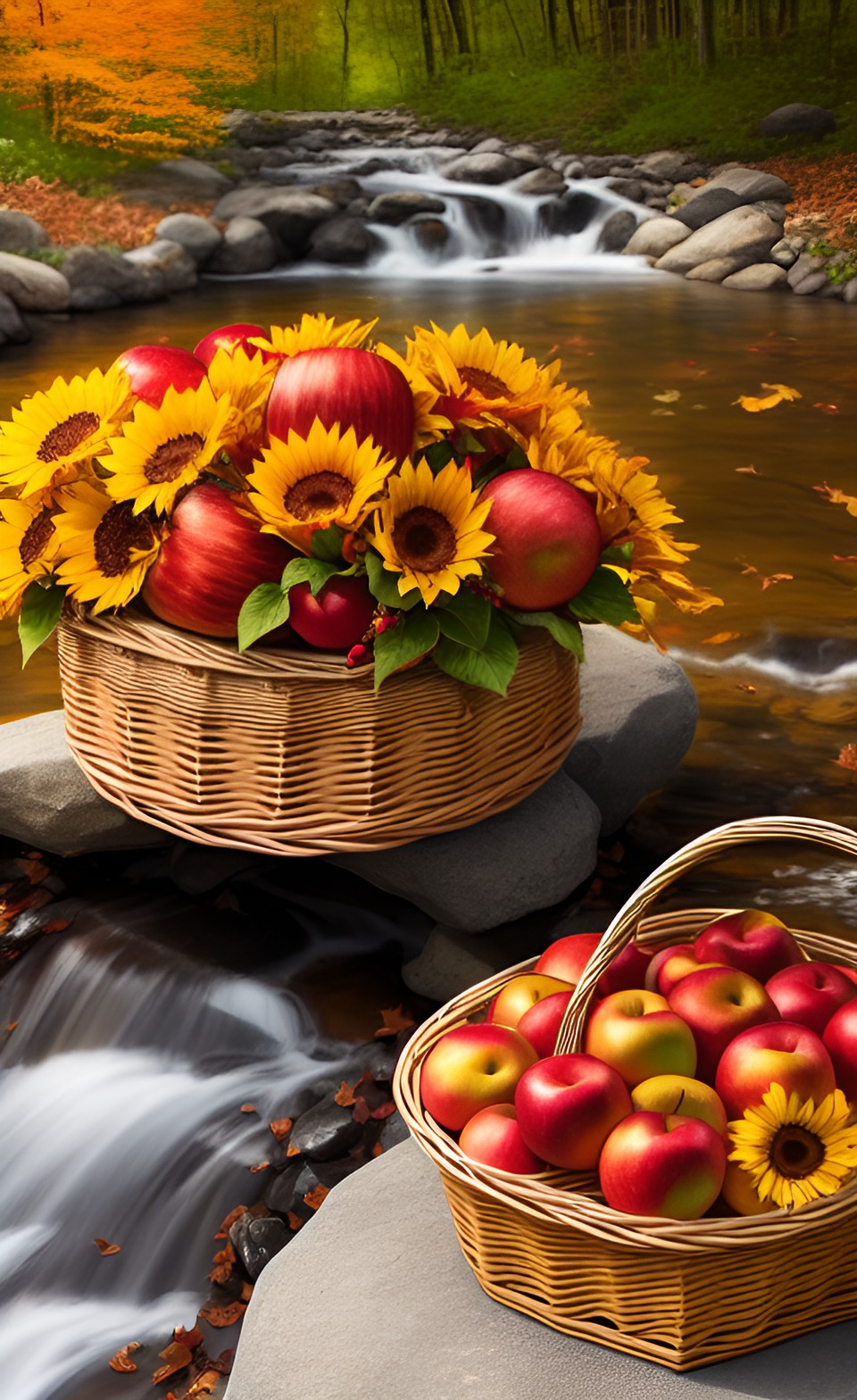 a basketful  - a rustic wicker basket overflowing with colorful autumn leaves, shiny red apples, and golden sunflowers, sitting on a sun-dappled wooden picnic table beside a sparkling stream." preview