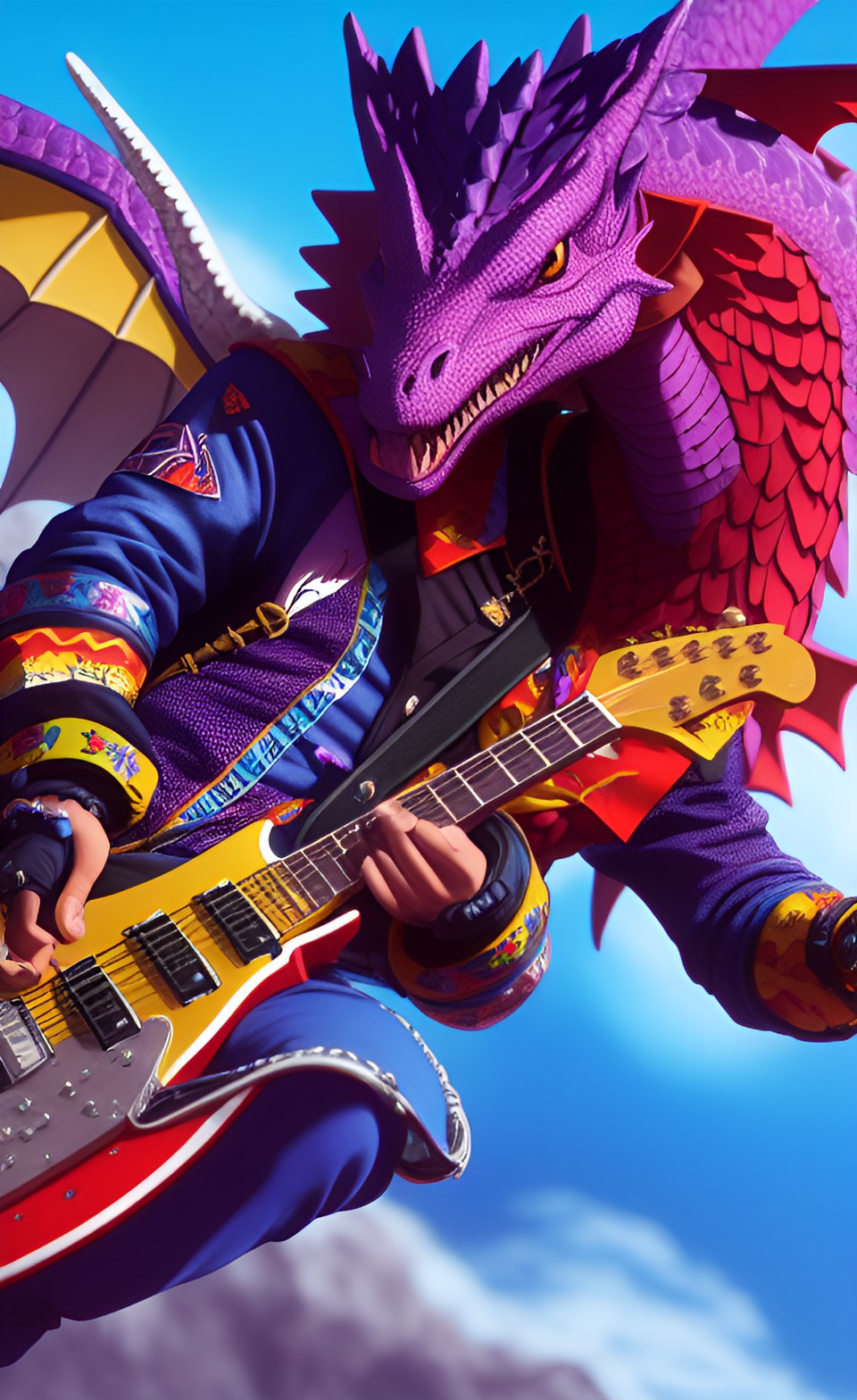 jimmy hendrix riding battles a dragon perfect face close up octane render preview