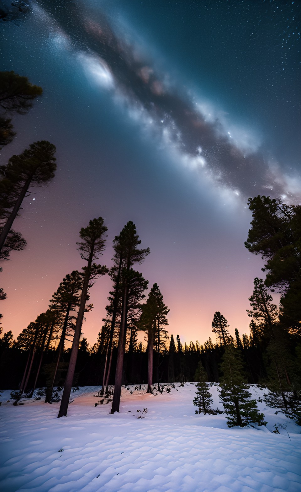 深夜，地上的松树林黑压压一片，天空星光闪闪，天上有一颗巨大的有光环的土星，比月亮大10倍，很震撼，很壮观 preview