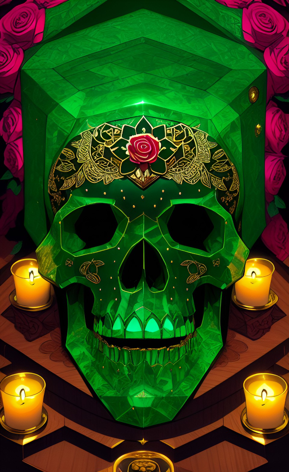 emerald skull in coffin, - an intricately detailed emerald skull resting inside a mahogany coffin, surrounded by flickering candlelight and cloaked in a mysterious aura." preview