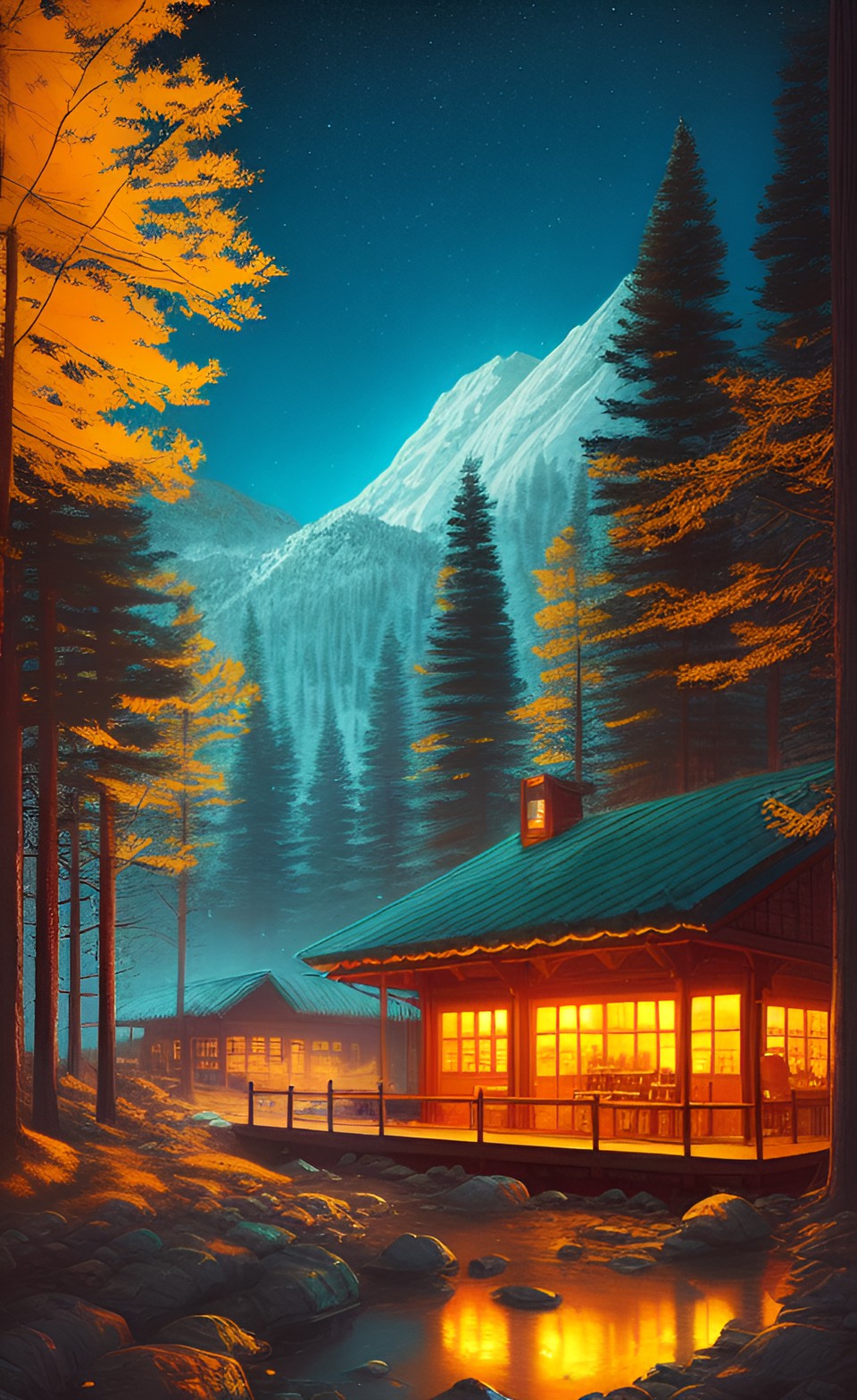 tavern, in mountain, warm colors, pine forrest at night, dim lights, dramatic, chill vibes preview