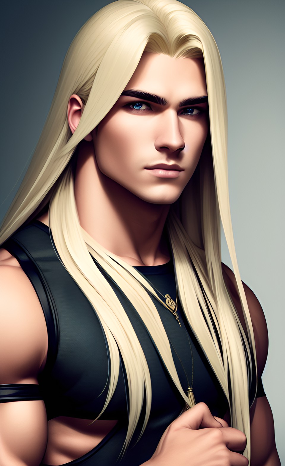 a portrait of a male with long blonde hair and an androgynous appearance. he is slightly muscular with a serene expression on his face hd preview