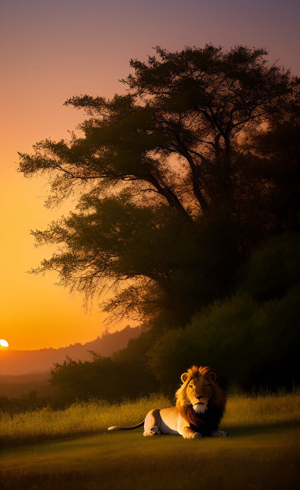 lion in a forest with windy sunset preview