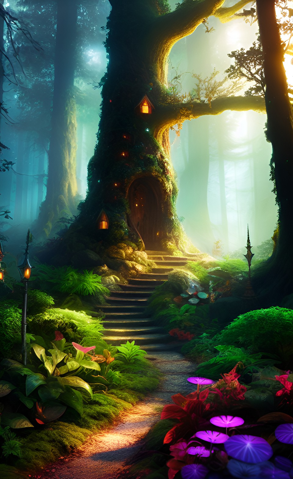 a fantastical forest realm with magical creatures and glowing plants. preview