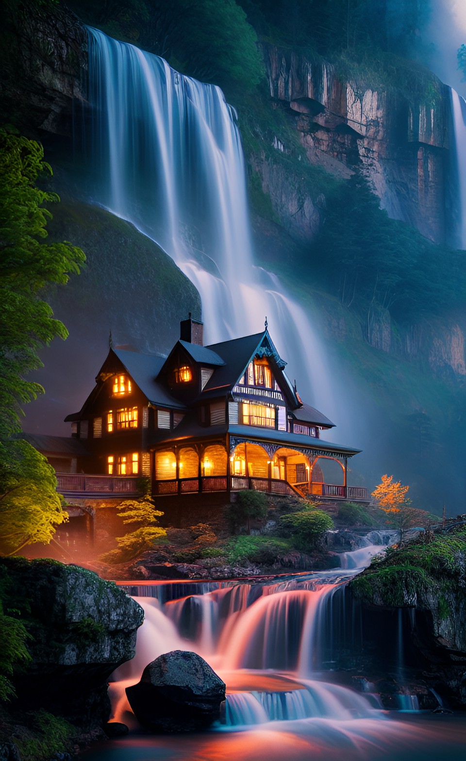 Victorian House 02 - victorian house on mountain with waterfall at night preview