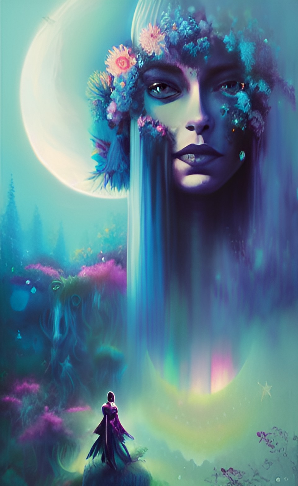 incredible unique portrait of a magic woman, wearing indigo, surrounded by flowers, a forest and moonlight preview