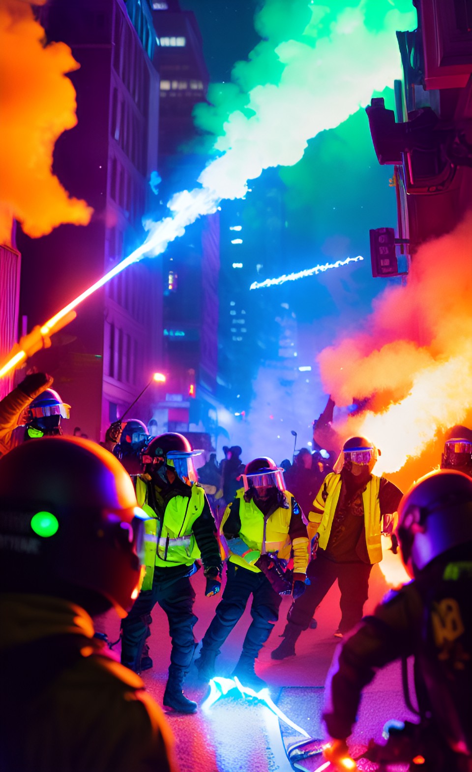 Our Last Night - rave lights and looters - molotovs and meteors flying - glow stick riot police and neon tear gas - filled with colored flame - people having fun preview