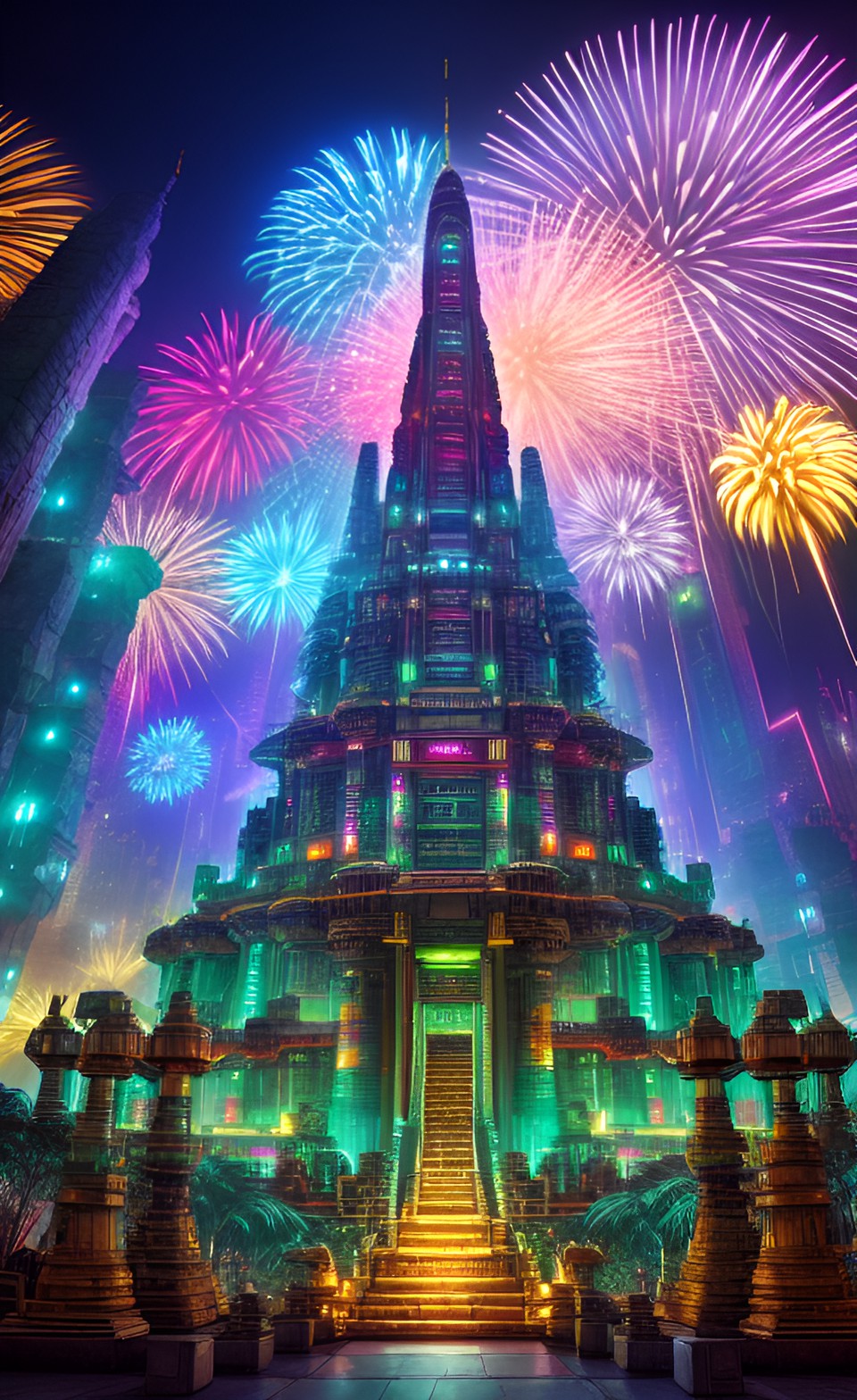 Spectacular - futuristic city fireworks ancient jungle temple preview