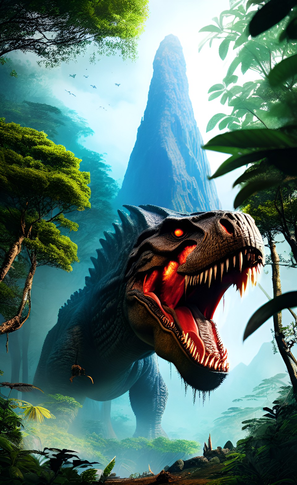 Monster Dino - a colossal volcano towering over a lush forest, with a mighty t-rex perched on its edge, roaring at the world below." preview