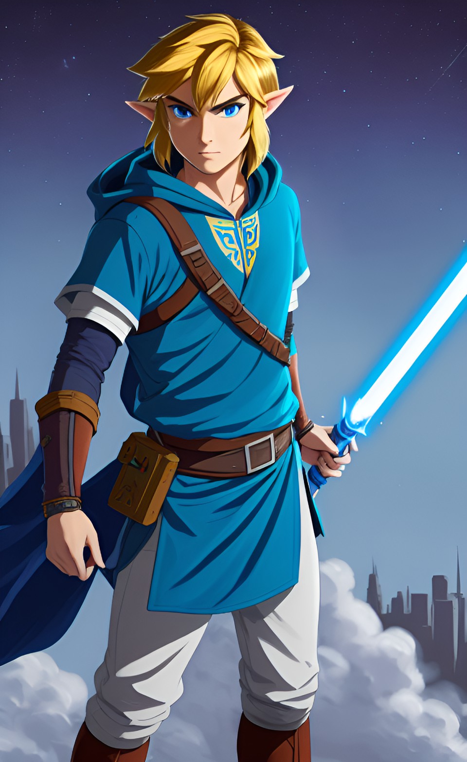 Link on Coruscant - portrait of link from the legend of zelda as a jedi knight, wearing a dark blue hoodie, star wars aesthetic, science fiction aesthetic, city preview