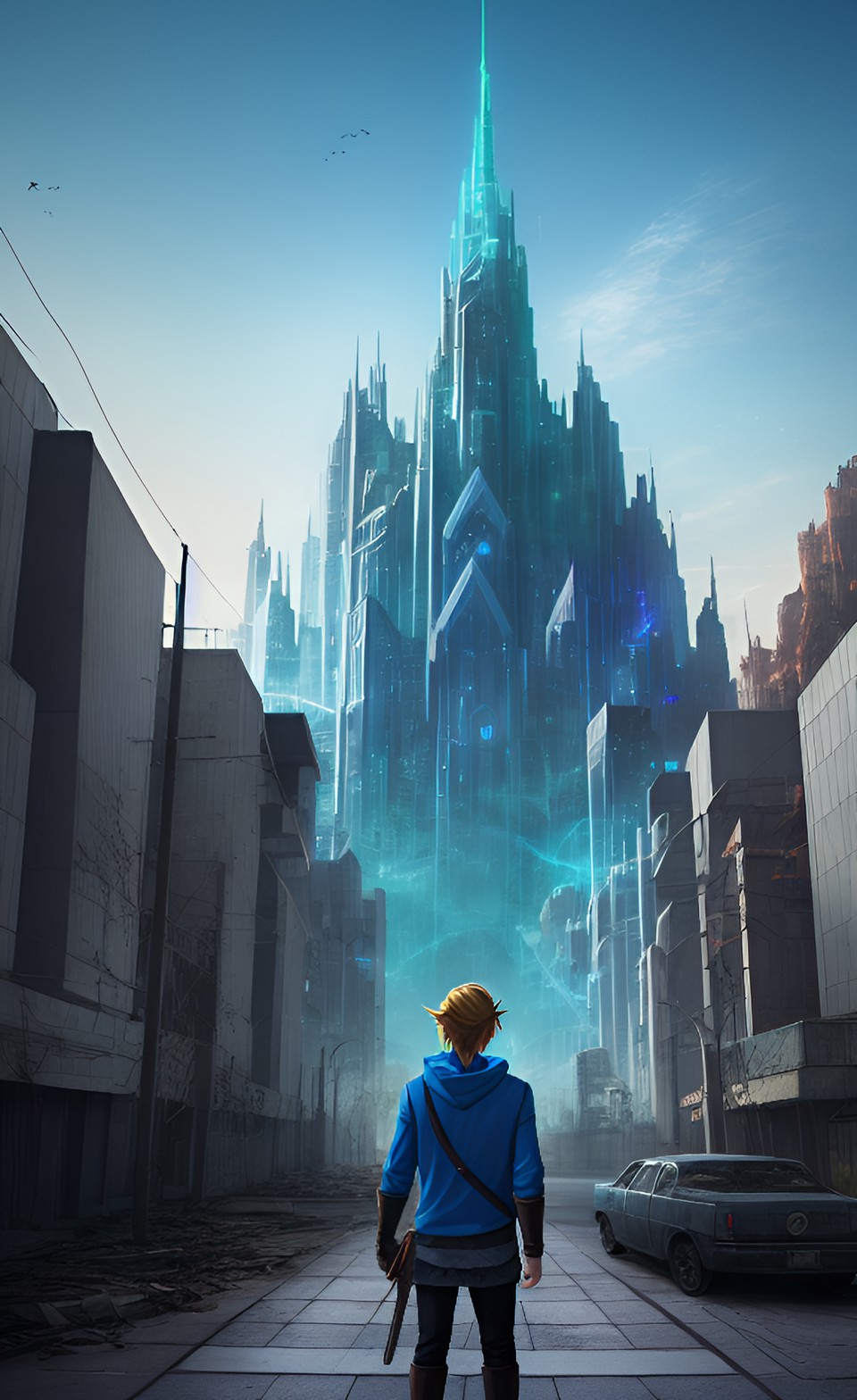 The New Hyrule - portrait of link from the legend of zelda, wearing a plain dark blue hoodie, dystopian aesthetic, science fiction aesthetic, abandoned city backdrop preview