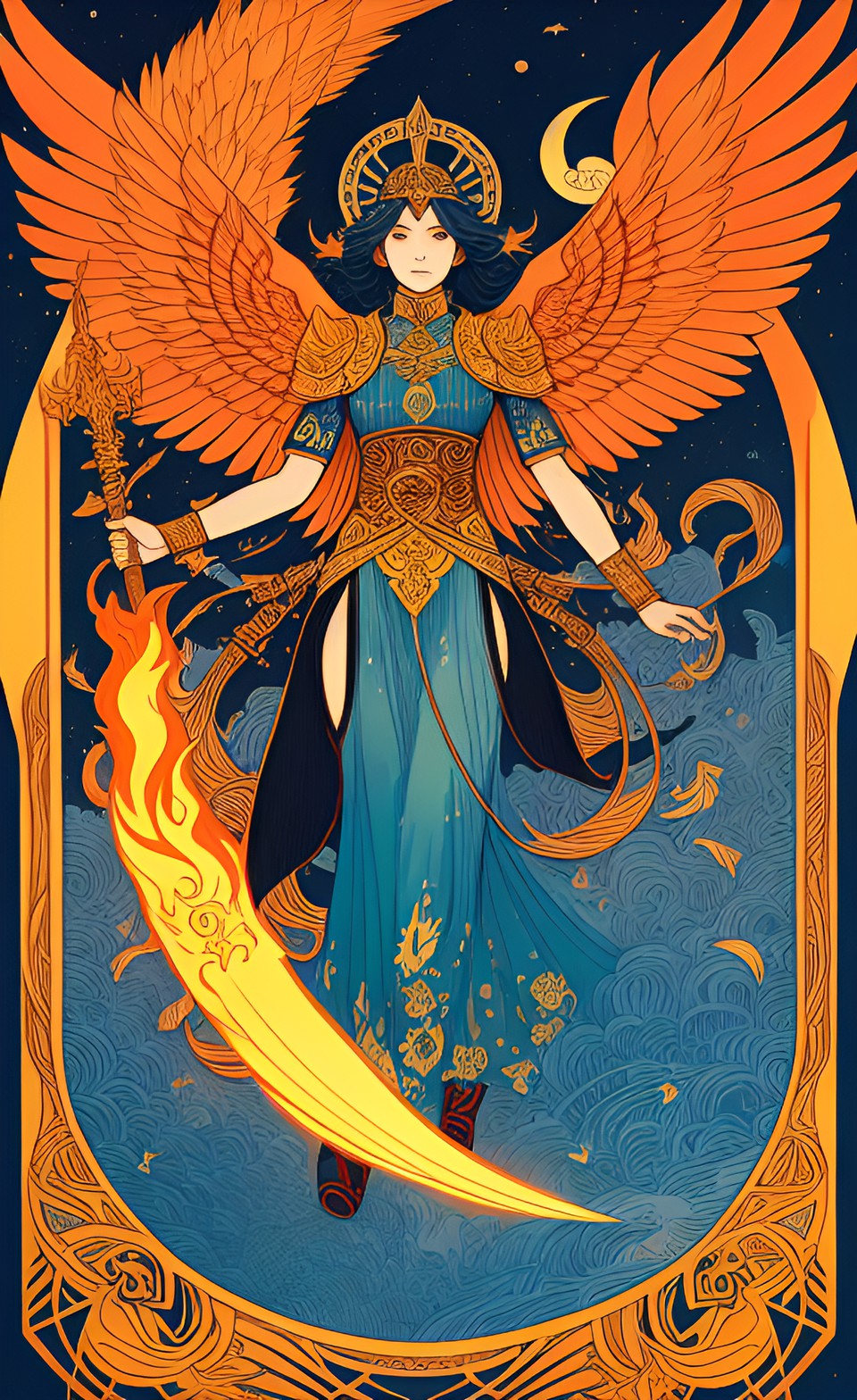 Fürær, God of Embers - art nouveau, nordic fire goddess, spear and shield, flaming wings preview