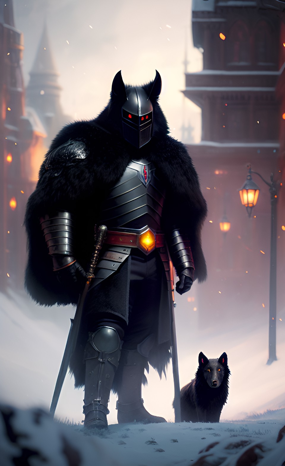 the black knight with a large fur cape and a wolf next to him preview