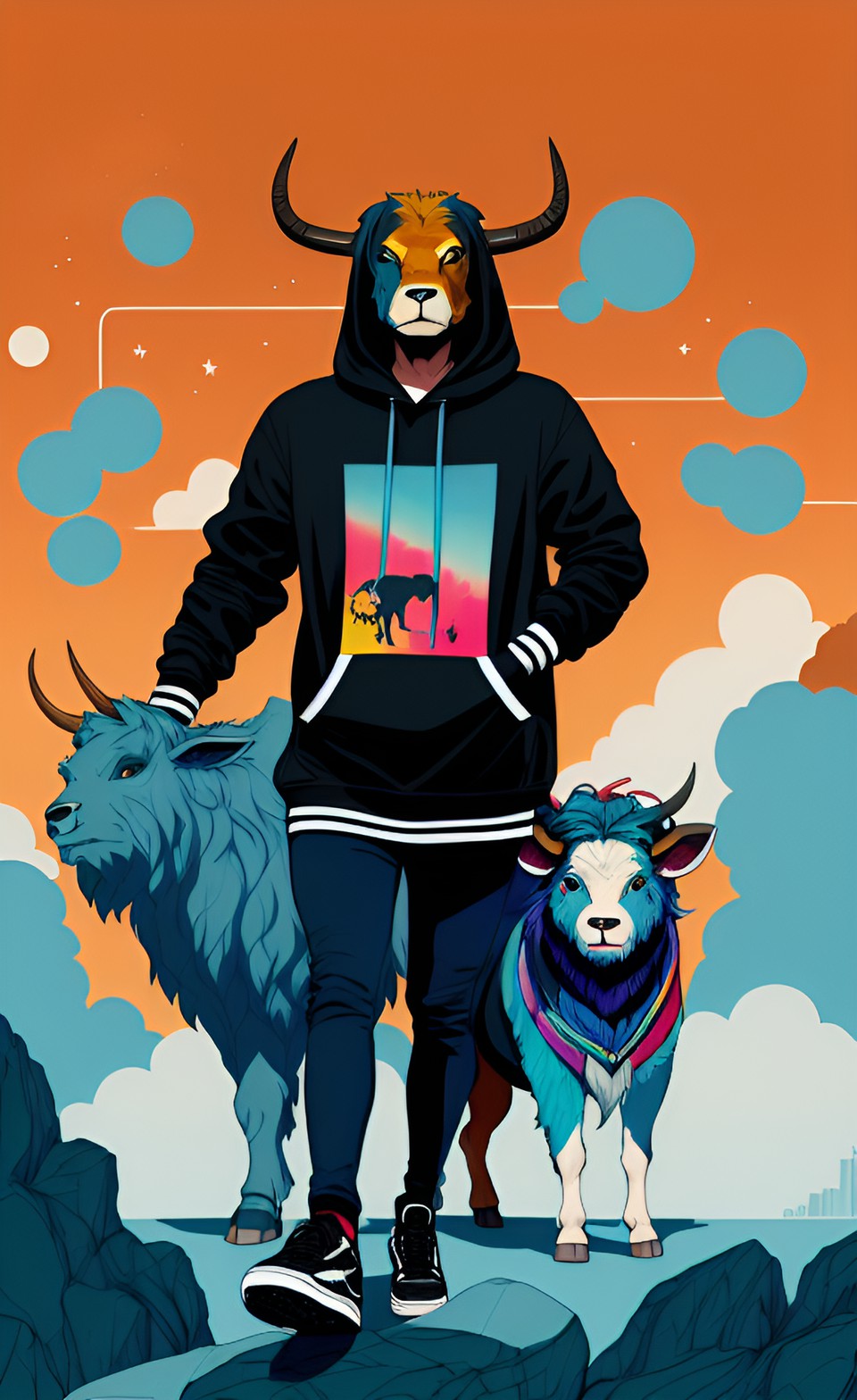 purechill minotaur in hoodie - colorful background, soaking campus setting preview