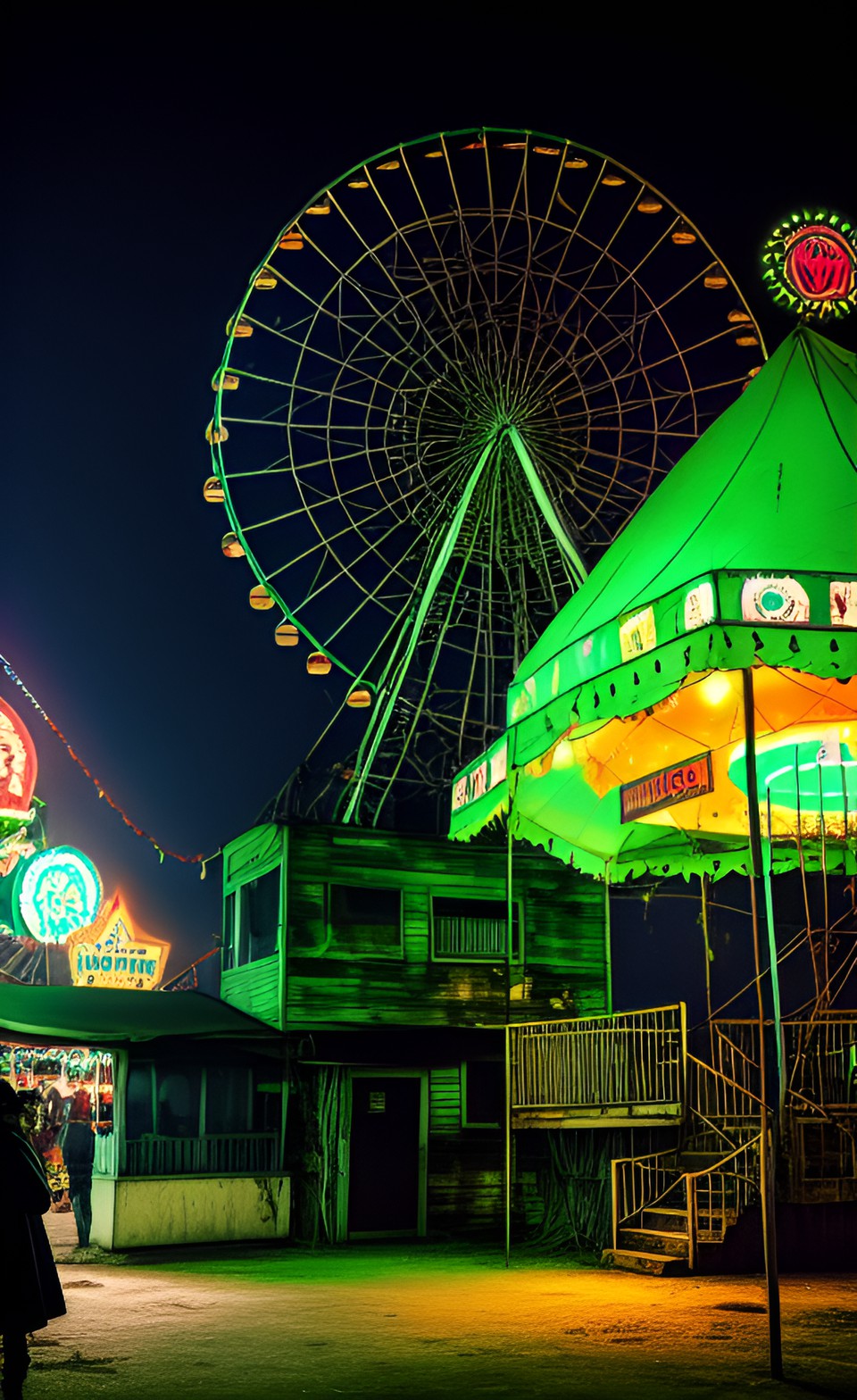 a haunted carnival at midnight - a decrepit ferris wheel looming over empty tents and eerie music playing in the background. preview