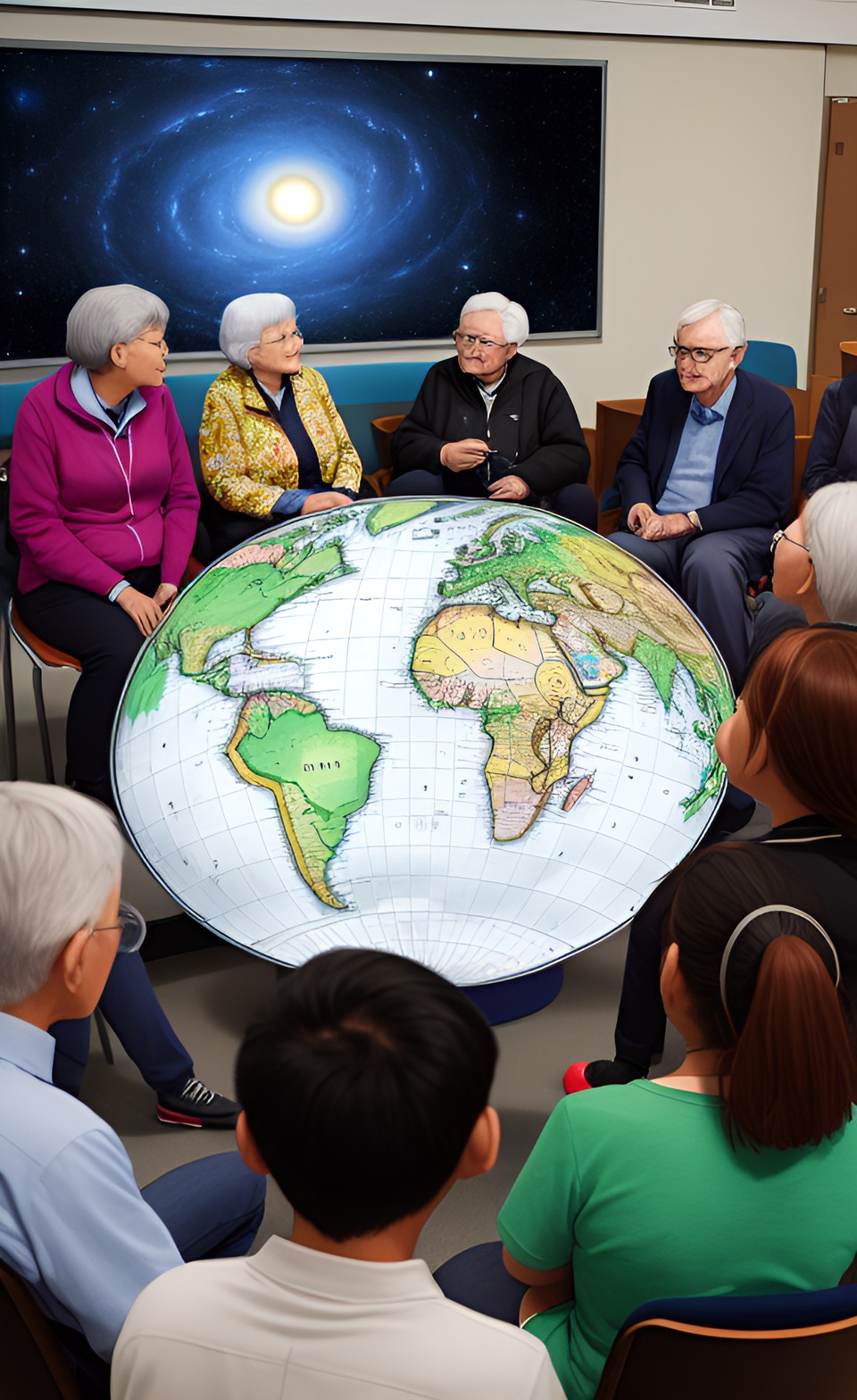 Wissensgesellschaft - students and elderly people discussion with map of universe in the background preview