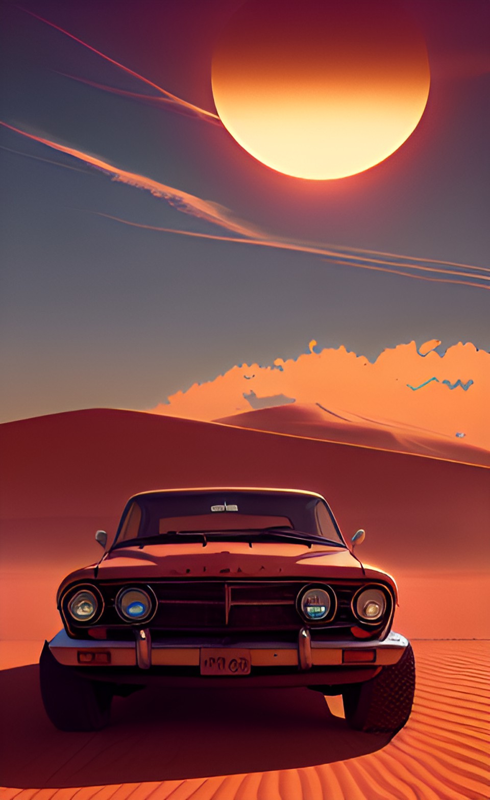 Old car driving on a desert, sunset - old car driving on a desert, sunset preview