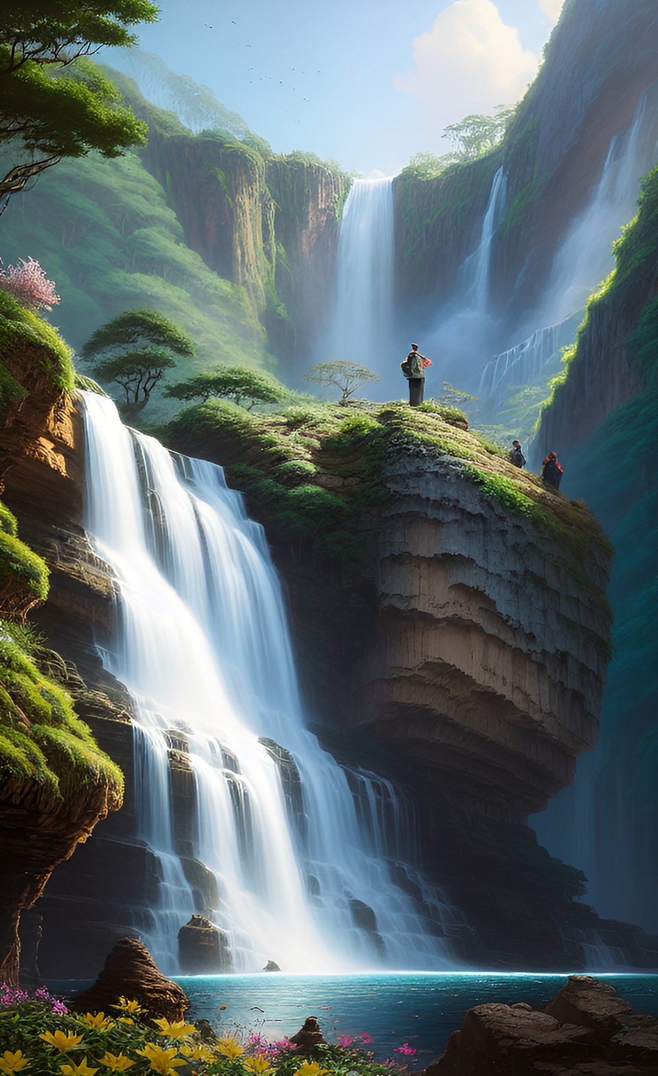 majestic waterfall - a majestic waterfall cascading down rugged cliffs, surrounded by lush green trees and wildflowers, creating a picturesque scene." preview